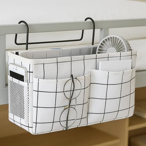 Bedside Caddy Organizer Hanging Storage Basket with Large Pockets & Hooks, Heavy-Duty Canvas Bedside Organizer for Bunk Beds, Dorm Rooms, Hospital Beds & Small Spaces (White Grid Pattern) - color: White Grid Pattern