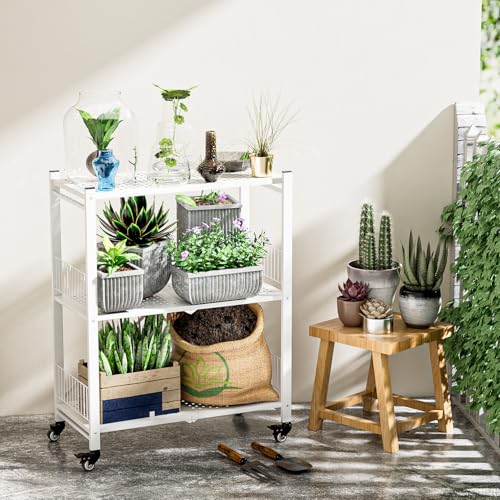 Folding Storage Shelves, 3-Tier Metal Foldable Shelf Shelving Rack Organizer On Rolling Wheels in Kitchen Warehouse Patio Pantry Basement Collapsible Shelves No Assembly (White, 3-Layer) - color: White/3-tier