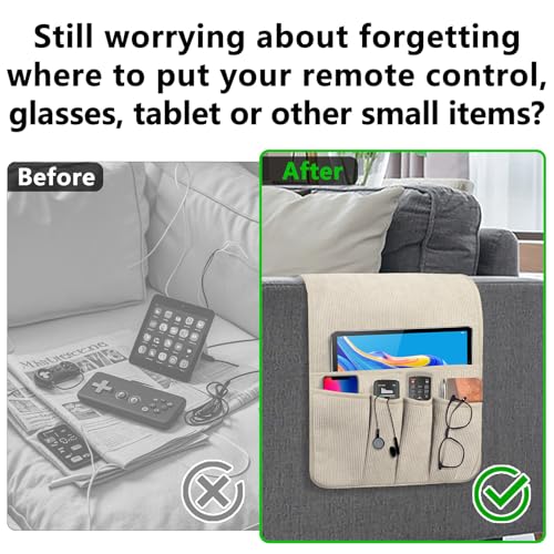 Couch Organizer Remote Control Holder Armchair Caddy, Anti Slip Corduroy Tv Remote Holder Couch Caddy with 5 Pockets for Storage Couch Accessories Bedside Organizer Senior Citizen Gifts - color: Beige