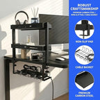 Clamp On Desk Shelf, 17'' 2-Tier Desktop Organizer Shelf with Under-Desk Hidden Storage Basket, Heavy-Duty Desk Shelves for Top of Desk, Space-Saving Desk Storage for Home Office Gaming Setup (Black)