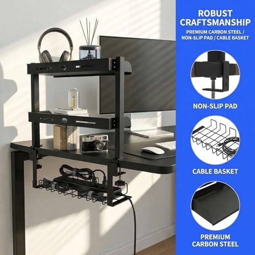 Clamp On Desk Shelf, 17'' 2-Tier Desktop Organizer Shelf with Under-Desk Hidden Storage Basket, Heavy-Duty Desk Shelves for Top of Desk, Space-Saving Desk Storage for Home Office Gaming Setup (Black)
