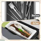 2Pcs Expandable Sliding Drawer Tray with Adjustable Dividers, White Plastic Deep Desk Drawer Dividers Organizers Expandable 11.4 to 18.1 Inches For Utensils Office Bathroom Bedroom Kitchen