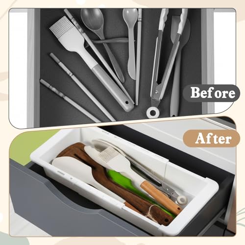 2Pcs Expandable Sliding Drawer Tray with Adjustable Dividers, White Plastic Deep Desk Drawer Dividers Organizers Expandable 11.4 to 18.1 Inches For Utensils Office Bathroom Bedroom Kitchen
