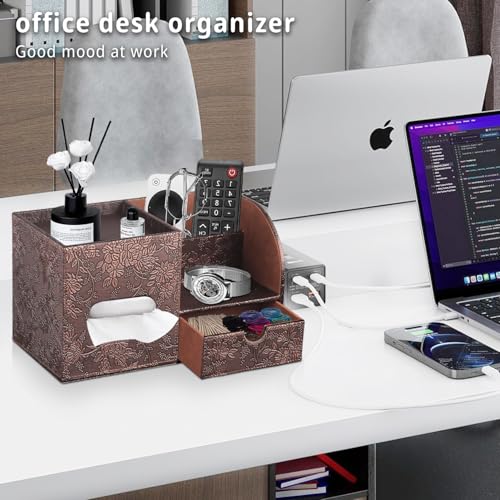 YAPISHI Tissue Box Cover with Storage Tray and Drawer, PU Leather Square Tissue Box Holder, Modern Cube Facial Tissue Dispenser, Makeup Holder, Remote Control Organizer for Nightstand, Bathroom Vanity - color: Archaize