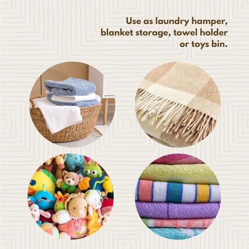 Yellow White Baskets with Lids, Living Room Blankets Storage, Laundry Hamper, Nursery Toys Bin, Decorative, Wicker, Sturdy, Round, Handles, Hooded Lid, Woven (Large) - size: Large