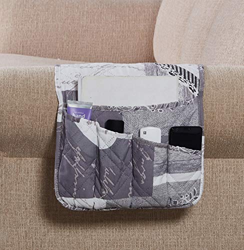 Brilliant Sunshine Grey Heart Love Patchwork Couch Armrest 5 Pockets Organizer, Slip Resistant Armchair Caddy, Washable Remote Controls Holder, Storage for Magazine, Tablet, Phone, 35×13", Grey White - color: Grey White
