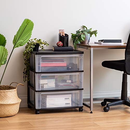 IRIS USA Plastic Drawer Storage Organizer Rolling Cart, with Wheels Casters, 3-Drawers, for Art Craft Supplies Bathroom Dorm Bedroom Laundry Room, Wide, Black - color: Black