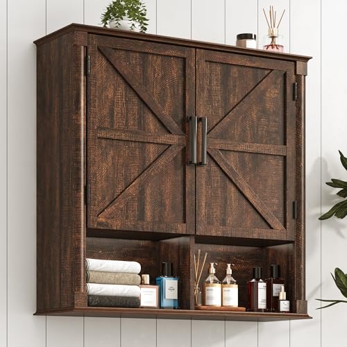 Farmhouse Bathroom Storage Cabinet,Double Wooden Bathroom Wall Cabinet with Roman Column Decor, Farmhouse Medicine Cabinets w Barn Doors,Storage Cabinets Wall Mounted for Kitchen(Wood Brown) - color: Wood Brown, style: Wall Double Storage Cabinet