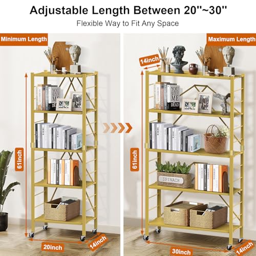 5 Tier Foldable Storage Shelves, Expandable Folding Shelving Units with Wheels, Changeable into 2 Shelf Units, Collapsible Adjustable Storage Rack Metal Shelves for Storage, Pantry, Garage, Gold - color: Gold, size: 5-Tier