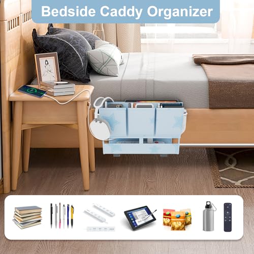 homyfort Bedside Caddy Organizer, Dual-Purpose Bedside Storage with Power Strip Holder, Versatile Bed Caddy with 11 Pockets for Bunk Bed, College Dorm, Home, Hospital, Fits Phones, Books, Blue - color: Blue
