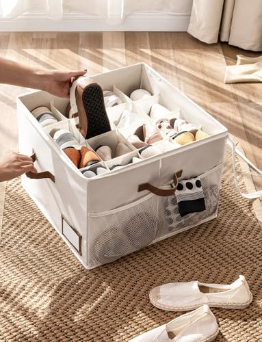 StorageWorks Shoe Organizer for Closet, Shoe Storage Bins with Clear Lid, Fabric Shoe Boxes with Side Mesh Pockets, Closet and Storage Bins for Slippers and Flats, Holds Up to 16 Pairs, Beige - color: Beige, size: Medium-1 Pack