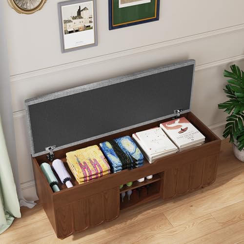 3More 40" Entryway Shoe Storage Bench,Upholstered Hidden Space Beneath Seat Cushion Bench,2-Tier Unique Geometric Shape with Wood Grain,Walnut - color: Brown
