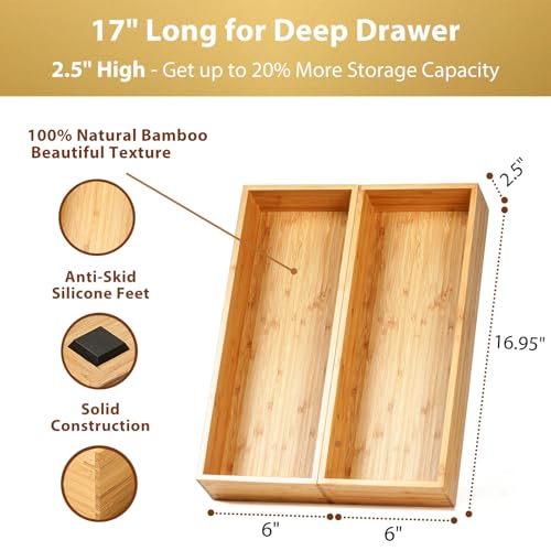 Umilife Bamboo Kitchen Utensils Organizer, Extra Long High Silverware Drawer Holder, Flatware Cutlery Storage Box, Multi-Use Drawer Divider in Office, Bathroom, Pantry - 17"x6"x2.5" (Set of 2) - size: 17 x 6 x 2.5" (Standard, Set of 2)