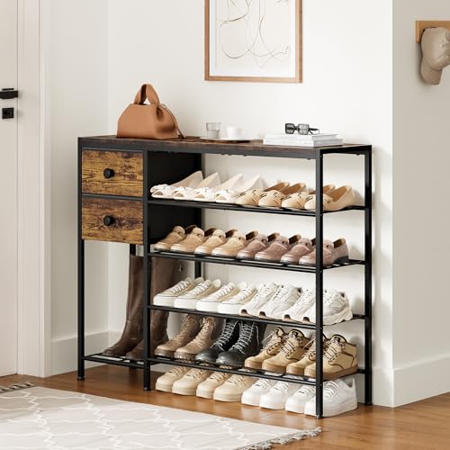5-Tier Shoe Rack with 2 Fabric Drawers, Metal Frame and Wooden Board Shoe Organizer for 16-20 Pairs of Shoes, Shoe Shelf with Boots Storage for Entryway Closet Rustic Brown - color: Rustic Brown