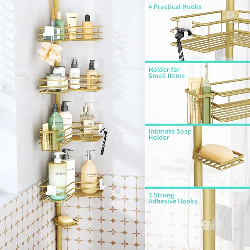 HapiRm Corner Shower Caddy Organizer - Shower Organizer Corner with Soap Holder, Toothbrush Holder and 4 Hooks, Rustproof Bathroom Shelf Tension Pole Available for 27.6 to 108.3 Inch - Gold - color: Gold