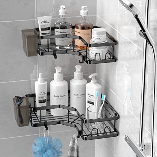AKTECKE Corner Shower Caddy, 2 Pack Adhesive Shower Corner Organizer Shelves, No Drilling Stainless Steel Shower Storage Rack with Hooks&Toothpaste Holder for Bathroom Kitchen （for 90° Corners Only） - color: black, size: 9.6"×9.6"×2.6"