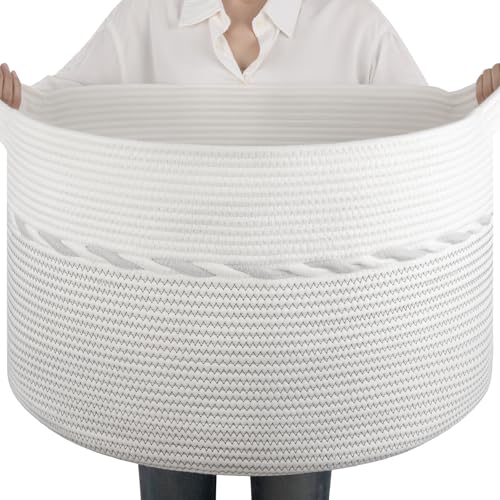 OIAHOMY 90L Blanket Basket for Living Room, Large Basket 23" x 23" x 13" with Handle, Laundry Hamper for Blankets, Pillows, Toy Storage for Kids, Dogs - Light Grey & White - color: Light Grey & White, size: 23" x 23" x 13"