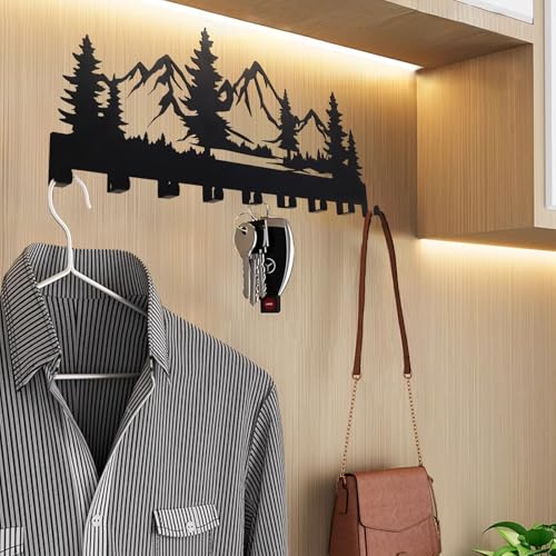 Metal Key Holder, Wall Mounted Key Hooks, Key Holder for Wall, Key Organizer Rack with 9 Hooks, Key Hanger Decor for Kitchen, Entryway, Hallway, Bedroom, Doorway (Mountain 14IN) - color: Mountain, size: 14 Inch