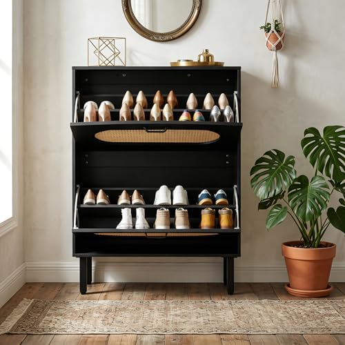 SUNCROWN Shoe Storage Cabinet with 2 Flip Drawers, Freestanding Narrow Shoe Rack Organizer for Entryway, Natural Semi-Circular Rattan Doors with Adjustable Shelves, Black - color: Black, size: Style A