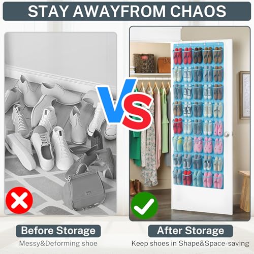 40-Pocket Over the Door Shoe Organizer - Large Mesh Pocket Hanging Shoe Organizer,Behind the Door Shoes Storage Holder Hanger - color: Light Blue