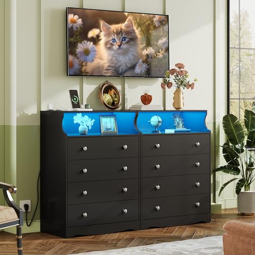 WLIVE Black LED Dresser for Bedroom, Tall Wood Dresser with 4 Drawers and Open Shelf, Chest of Drawers with Power Outlet for Living Room, Hallway, Closet - color: Black, size: 4 Drawers