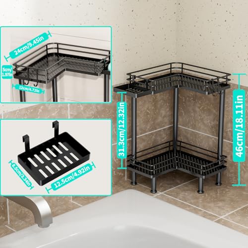 HapiRm Corner Shower Caddy Standing - 2 Tier Shower Organizer Corner with Soap Holder, Rustproof Bathroom Standing Organizer with 2 Hooks, Black - color: Black, size: 2-tier