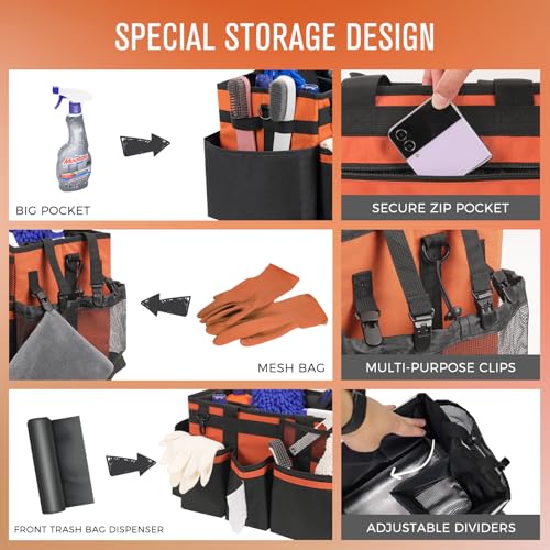SCAVATA Wearable Cleaning Caddy, Cleaning Caddy Supplies Organizer with Handle & Shoulder Straps for Housekeepers, Under Sink & Car Cleaning Tool Organizers Bag with 4 Foldable Divider (RetroOrange) - color: RetroOrange