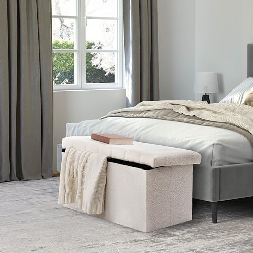 Seville Classics Cushioned Fabric Ottoman Hidden Storage Chest Footrest Chair, Padded Seat for Bedroom, Dorm, Loft, Living Room, Entryway, Hallway, White Boucle, 30" Bench - color: White Boucle, size: 15.7"D x 30"W x 15.7"H