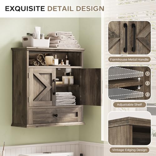 Bathroom Wall Cabinet, Wall Mounted Medicine Cabinet with Drawer, Barn Door & Adjustable Shelf, 24.4"H x 23.6"W x 9"D Grey Over Toilet Farmhouse Storage Cabinet for Kitchen, Laundry, Entryway - color: Grey, size: 24.4"H x 23.6"W x 9"D