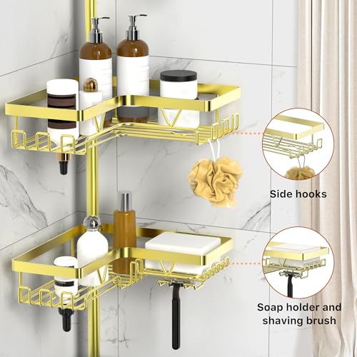 KEGII Corner Gold Shower Caddy Tension Pole - 4-Tier Rustproof Shower Rod Organizer, Floor to Ceiling Tension Rod 25-114.2 inch, Stainless Steel Corner Shower Shelf, Waterproof - style: Tension Caddy - Gold