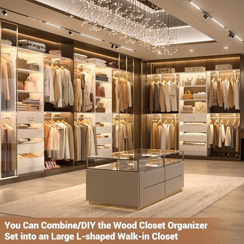 Aheaplus Closet System with Drawers Set of 2, Wood Closet Organizer System with 8 Hanging Rods & Top Shelves, Walk-in Closets Organizer Wardrobe Clothes Rack System, Cut Fits Spaces 4-9FT, White1 - color: White