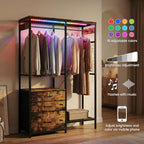 Heavy Duty Clothes Rack with 3 Drawers & LED Light, Garment Rack with 3 Shelves, Free Standing Wardrobe Organizer with 8 Hooks for Bedroom, Small Space, Garming Room（37.8"W x 66.93"H, Rustic Brown） - color: Rustic