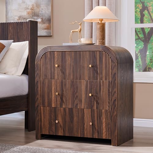 T4TREAM Fluted Dresser with 3 Drawers, 32" Tall Modern Chest of Drawers with Thickened Curved Profile Design, Wood Closet Clothes Storage Organizer for Bedroom, Living Room, Hallway, Dark Walnut - color: Dark Walnut, size: 15.7"D x 30"W x 32"H (3 Drawers)