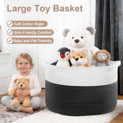 XXL Large Laundry Basket, 90L Soft Cotton Rope Basket, Blanket Storage and Organizers, Baby Nursery Laundry Hamper, Extra Large Toys Storage Bins for Kids 23'' x 13'', White & Black - color: Black & White, size: 90L