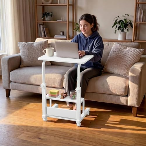 WINAZ Small Bedroom Laptop Rolling Desk - 24" White Mobile Kids Desk with Wheels for Small Spaces, Height Adjustable C Shaped Side Table with 2-Tier Storage Shelves - color: White