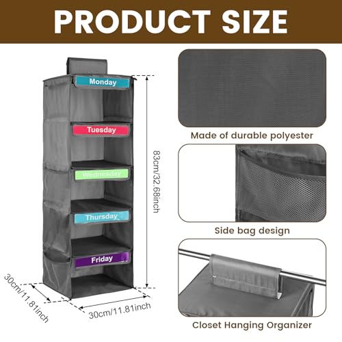 Gray 5-Shelf Polyester Kids' Daily Clothes Organizer - Monday to Friday, Holds Hats, T-Shirts, Bags & Towels - color: Grey