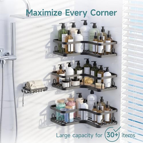 Veken Corner Adhesive Shower Caddy 4-Pack with Soap Holder&Hooks,No Drilling Shower Shelves,Rustproof & Waterproof Bathroom Organizers and Storage,Rack for Small Spaces, Kitchen&Rental-Friendly,Black - color: Black, size: 4-Piece Set(3 Large+1 Small)