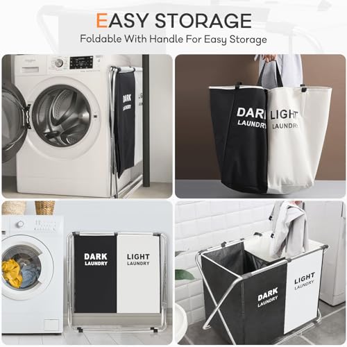 Laundry Cloth Hamper Sorter Basket Bin Foldable 2 Sections with stainless steel Frame Washing Storage Dirty Clothes Bag for Bathroom Bedroom Home Storage Basket (Black+white, 2 Sections) - color: Black+white, size: 2 Sections