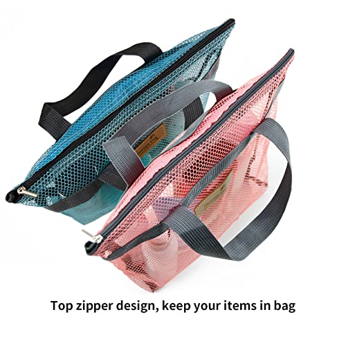 TOPASION Mesh Shower Caddy Bag Portable Hanging Toiletry and Bath Organizer with Zipper for Travel, Gym, Camping, College Dorms, Beach - color: Sky Blue&Pink