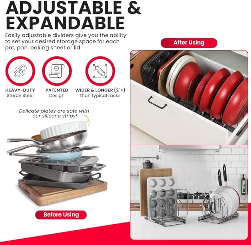 Better Things Home 7.5” Wide 12-Slot Adjustable Large Pan and Pot Lid Organizer with Scratch-Free Pads, Expandable Pot Lid Holder Rack for Cabinet, Pots and Pans Organizer Inside Cabinet - color: Dark Grey, size: PAN & BAKEWARE - 12+ DIVIDERS