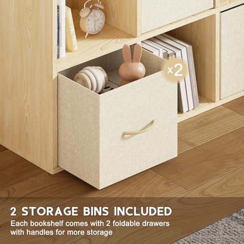 4 Cube Storage Organizer - Solid Wood Bookshelf with 2 Storage Bins, Cube Shelf with 2 Removable Back Panels, Vertical or Horizontal Bookcase, Open Book Shelf for Bedroom, Living Room, Office - size: 4 Cube Shelf