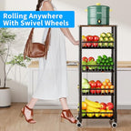 Fruit Vegetable Storage Basket for Kitchen, 5 Tier Large Pull-Out Metal Wire Baskets with 4 Pack Mats Bottom, Wood Top and Wheels, Vegetable Produce Bins Stand Cart Rack for Onions and Potatoes - color: 5 Tier-black With Four Mats and Wood Top