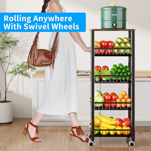 Fruit Vegetable Storage Basket for Kitchen, 5 Tier Large Pull-Out Metal Wire Baskets with 4 Pack Mats Bottom, Wood Top and Wheels, Vegetable Produce Bins Stand Cart Rack for Onions and Potatoes - color: 5 Tier-black With Four Mats and Wood Top