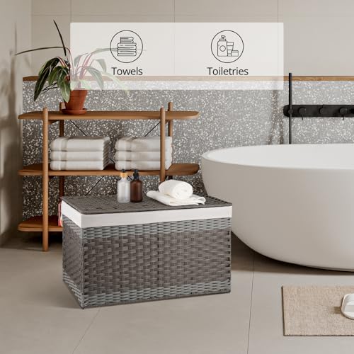 OIAHOMY Storage Basket with Lid, 42.3 Gallon (160L) Blanket Basket with Removable Liner Bag, Synthetic Wicker Hamper with Handle, Foldable, Hamper for Living Room, Grey - color: Gradient Grey, size: 160L