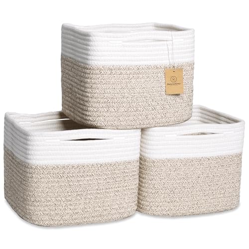 NaturalCozy Storage Cubes 9”x9”x7”Cotton Rope Woven Baskets for Organizing 3-Pack | 9 Inch Cube Storage Bin | Small Basket for Shelf Nursery, Pantry, Decorative Plant, Bathroom Closet, Toy Gift - color: Off White & Mixed Brown
