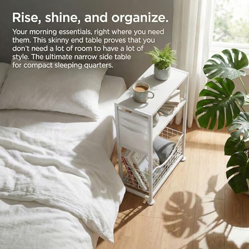 Skinny Side Table with Storage, 3 Tier Slim Side Tables for Small Spaces, Skinny End Table Narrow Bedside Table Narrow Side Table for Living Room, Bedroom - color: White