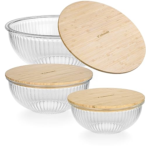 Stackable Space-Saving Nesting Set of 3 Glass Bowls with Bamboo Lids for Foodprep, Storage, Mixing & Cooking - Microwave & Oven Safe BPA Free Durable Heat Resistant Inert Borosilicate Glass - color: 3 Mixing Bowls with Bamboo LIds (Ribbed)