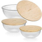 Stackable Space-Saving Nesting Set of 3 Glass Bowls with Bamboo Lids for Foodprep, Storage, Mixing & Cooking - Microwave & Oven Safe BPA Free Durable Heat Resistant Inert Borosilicate Glass - color: 3 Mixing Bowls with Bamboo LIds (Ribbed)