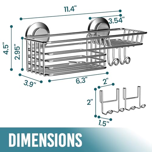 TAILI Shower Caddy Suction Cup with Hooks & Soap Holder, Heavy Duty Bathroom Shower Organizers, Removable Bathroom Shelves for Inside,Stainless Steel Bathroom Holder - style: 1 × Silver Basket
