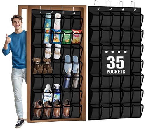 Aheroi 35 Pockets Large Over the Door Organizer, Breathable Mesh Pockets Hanging Shoe Organizer, Black Door Shoe Organizer Mesh Closet Shoe Holder Hanger Holds Up to 40 lbs, Space Saving Shoe Rack - color: Black 35-1Pack, size: 35Pockets-1Pack